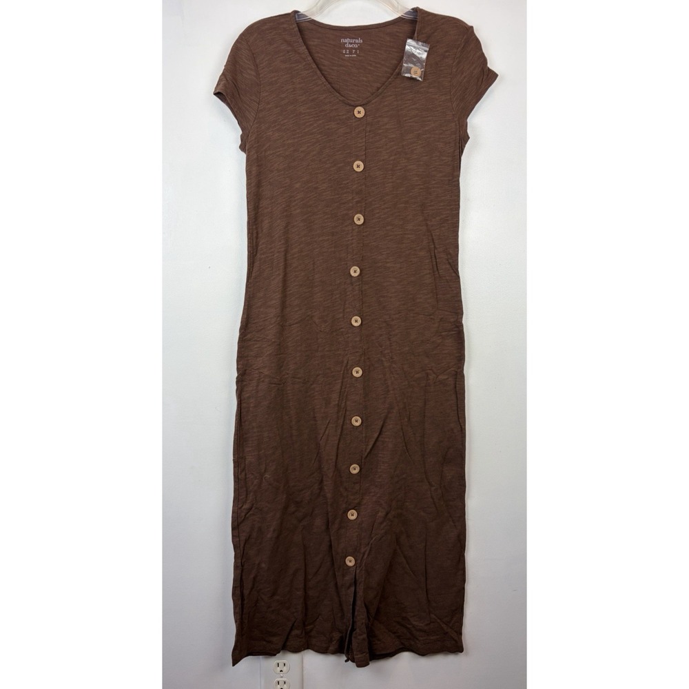 Naturals D&Co Midi Dress XS Brown Button Detail Solid Office Career Cotton